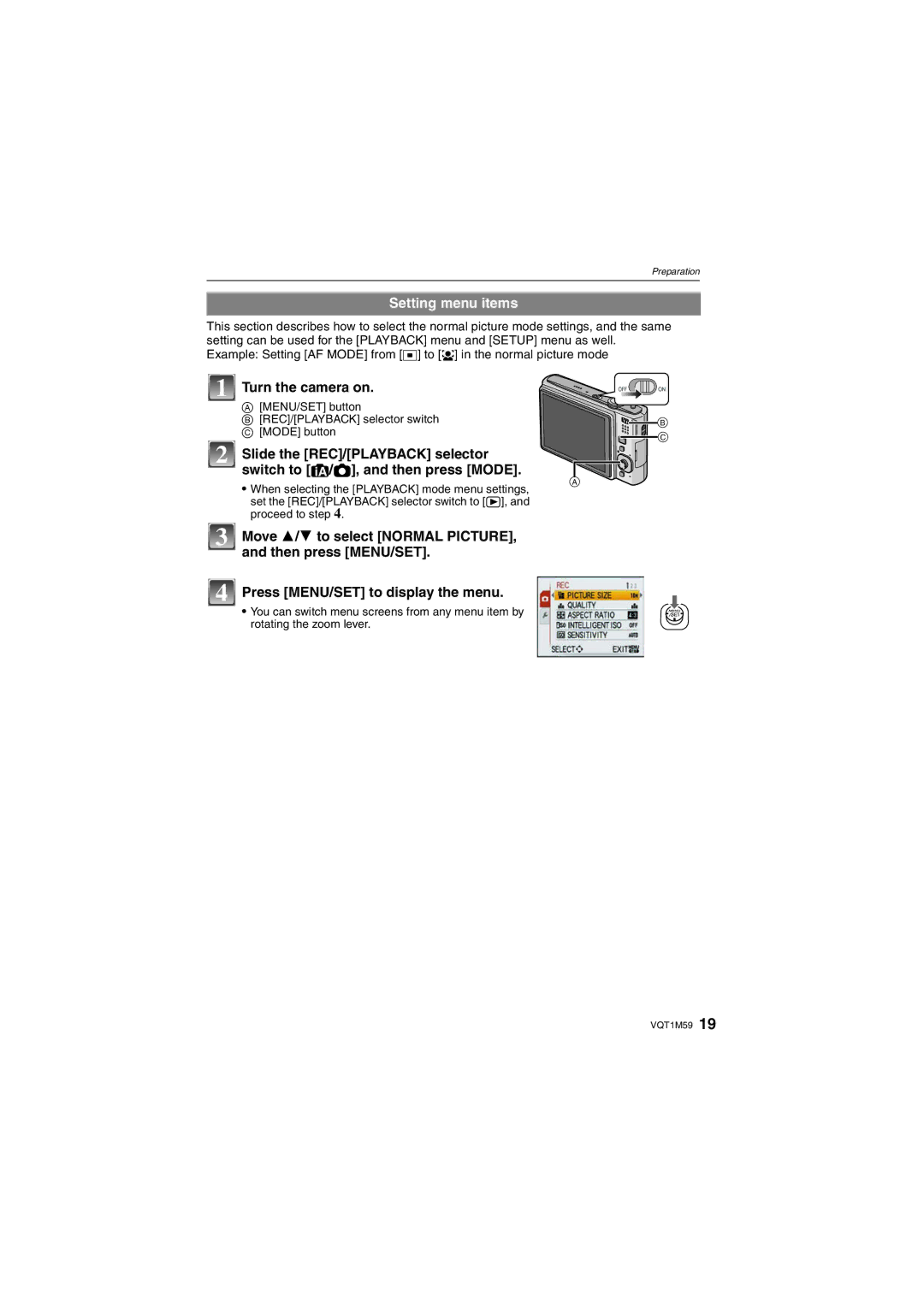 Panasonic DMC-FS20 operating instructions Setting menu items, Turn the camera on 