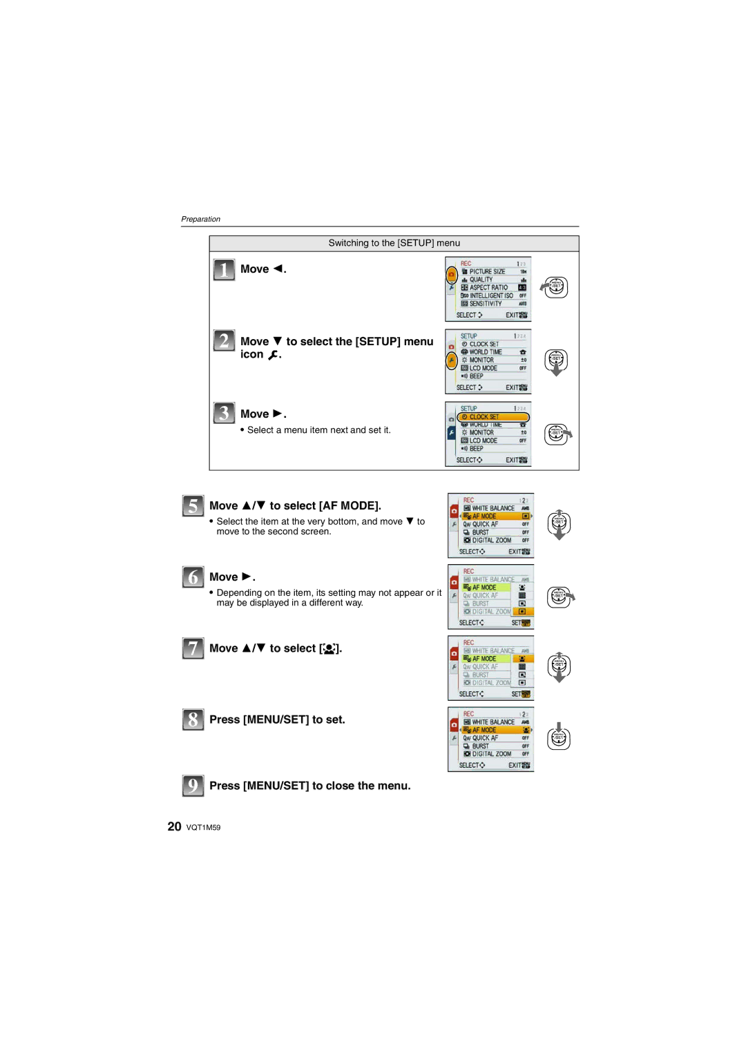 Panasonic DMC-FS20 operating instructions Move Move 4 to select the Setup menu icon, Move 3/4 to select AF Mode 