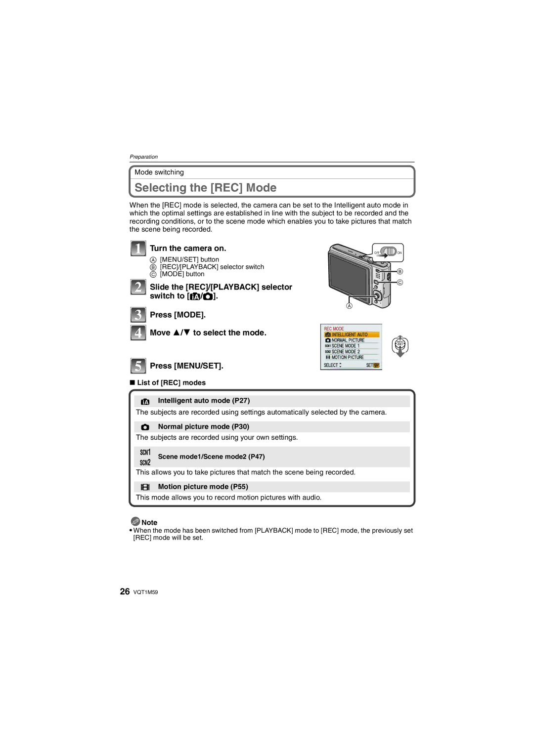 Panasonic DMC-FS20 operating instructions Selecting the REC Mode 