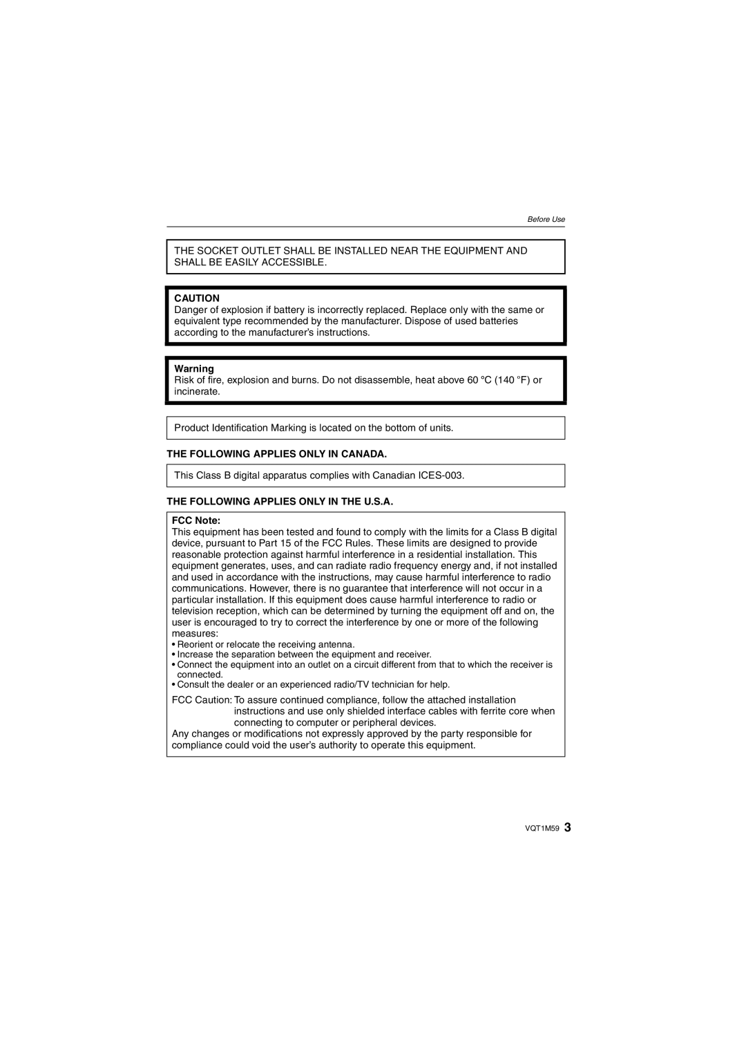 Panasonic DMC-FS20 operating instructions Following Applies only in Canada, Following Applies only in the U.S.A, FCC Note 