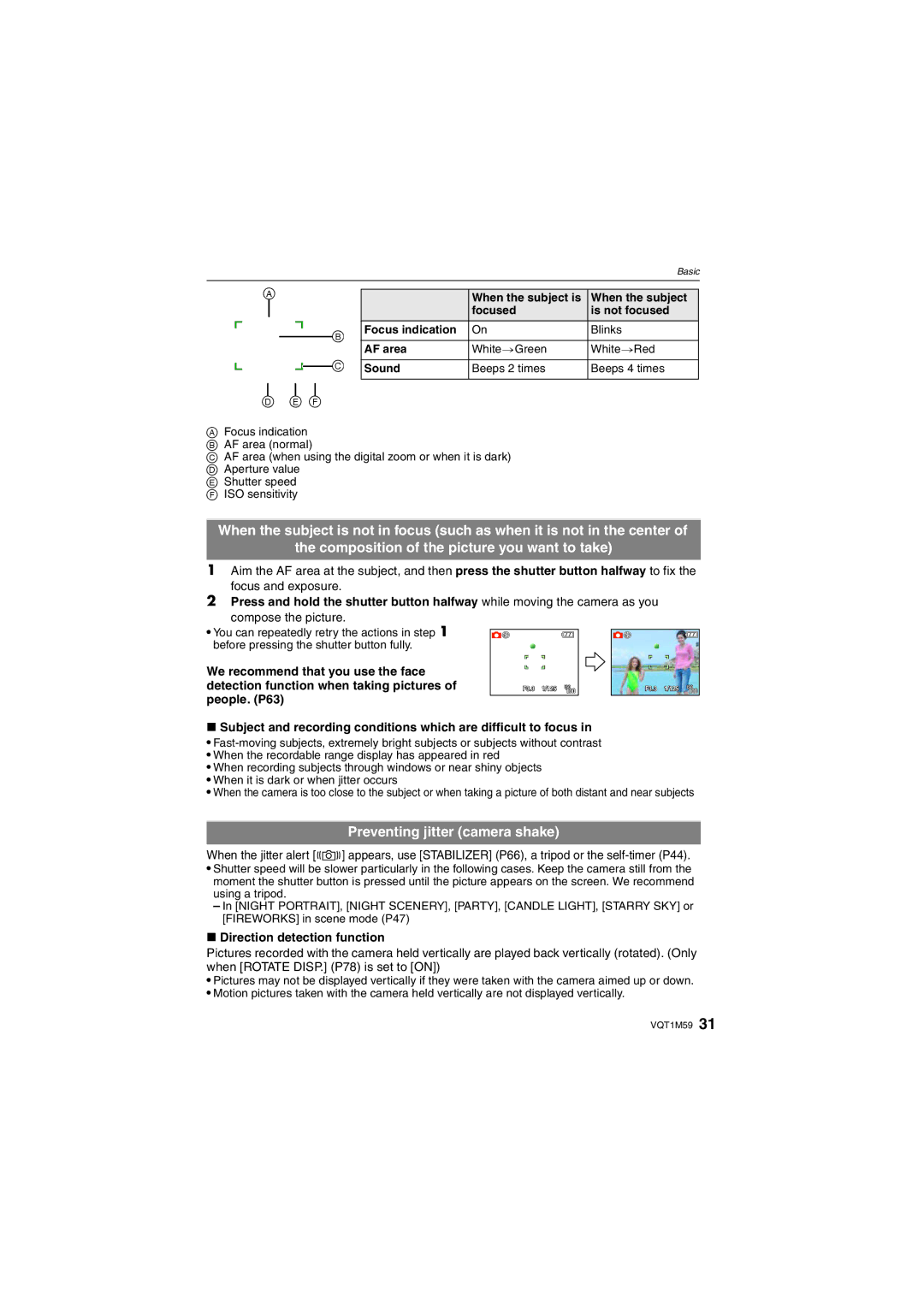 Panasonic DMC-FS20 operating instructions Preventing jitter camera shake, Direction detection function, AF area, Sound 