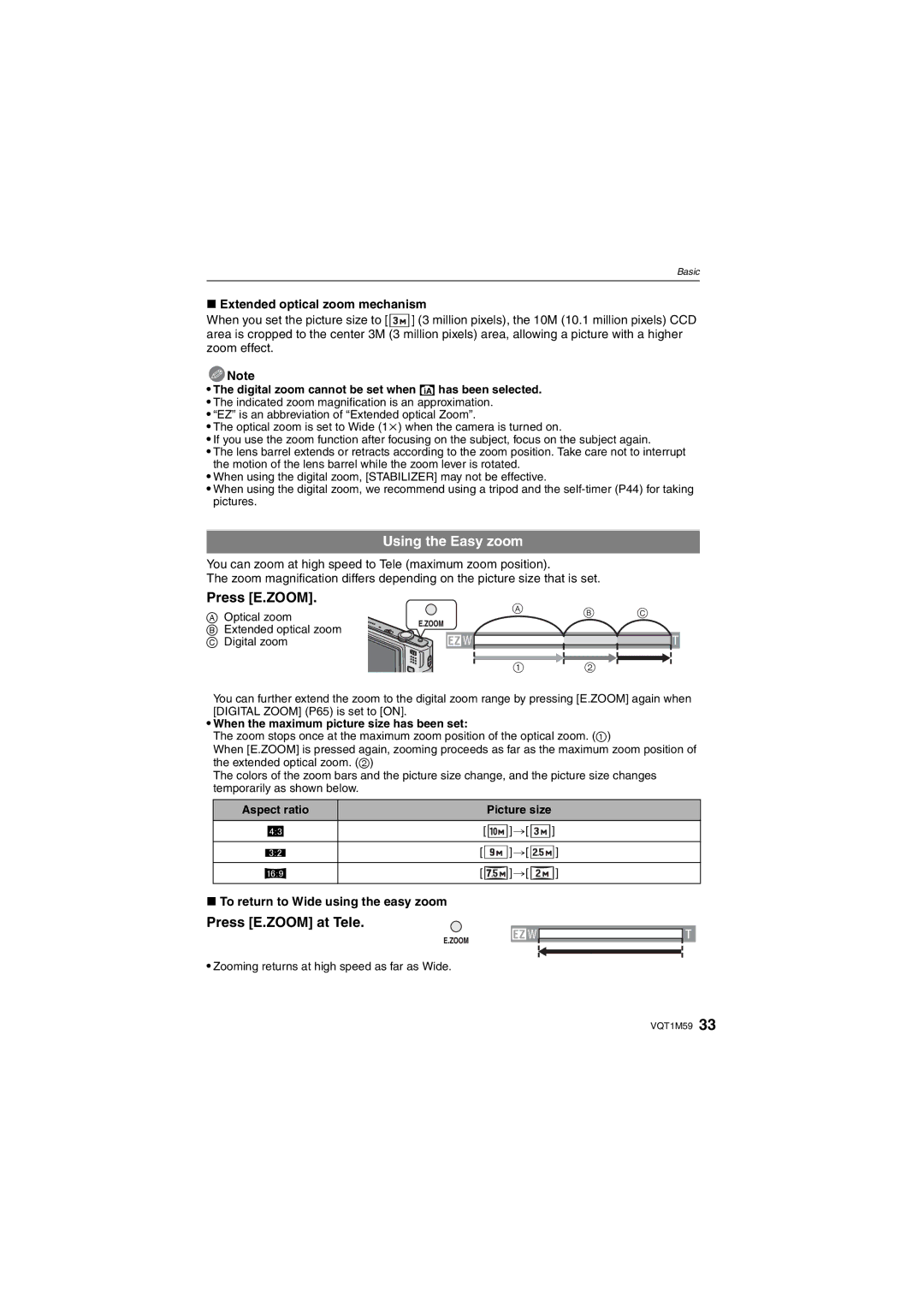 Panasonic DMC-FS20 operating instructions Using the Easy zoom, Press E.ZOOM at Tele, Extended optical zoom mechanism 