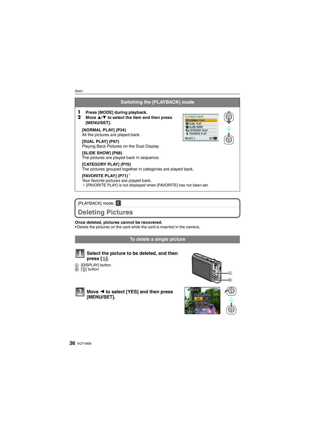 Panasonic DMC-FS20 operating instructions Deleting Pictures, Switching the Playback mode, To delete a single picture 