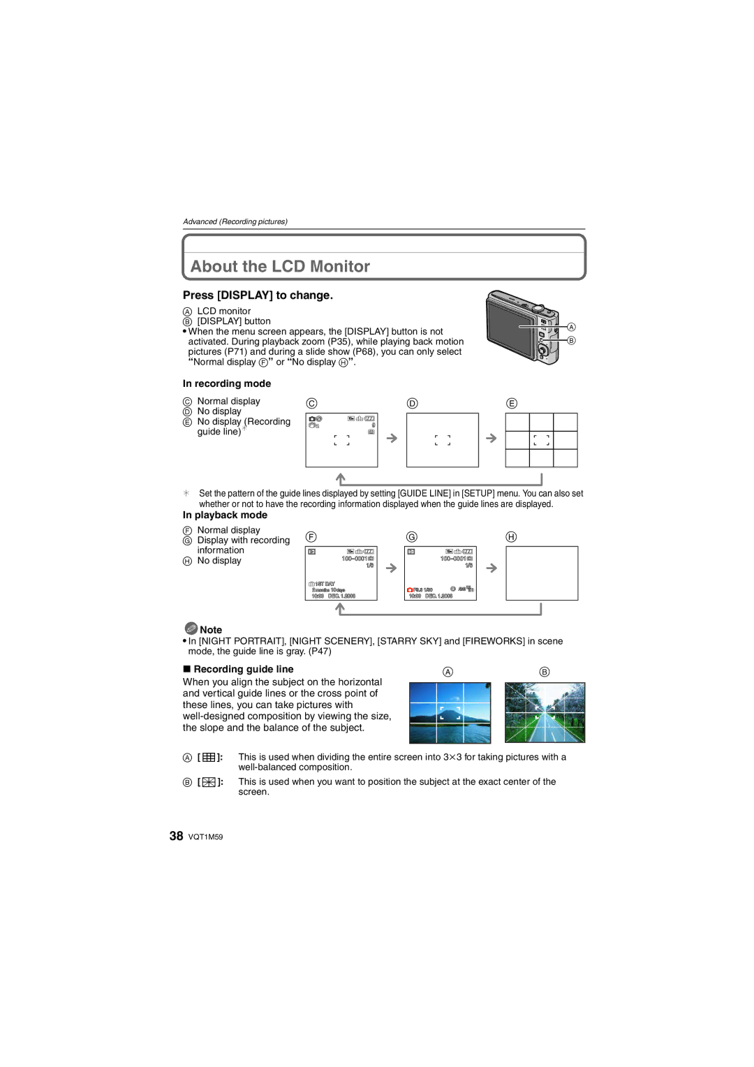 Panasonic DMC-FS20 About the LCD Monitor, Press Display to change, Recording mode, Playback mode, Recording guide line 