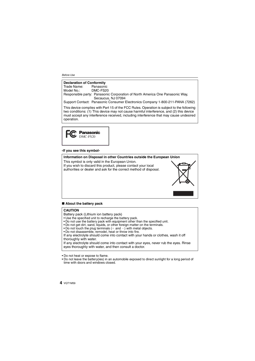 Panasonic DMC-FS20 operating instructions Declaration of Conformity, Trade Name Panasonic Model No, About the battery pack 