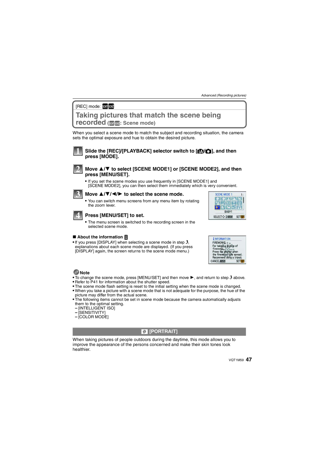 Panasonic DMC-FS20 Taking pictures that match the scene being, Move 3/4/2/1 to select the scene mode, Portrait 