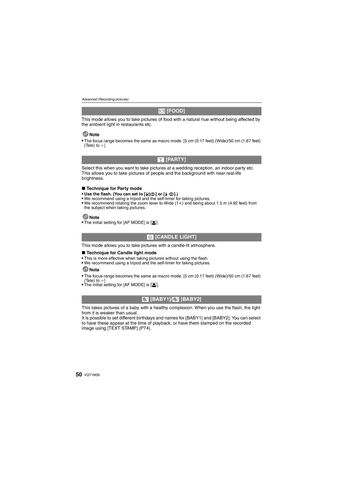 Panasonic DMC-FS20 operating instructions Food, Party, Candle Light, BABY1/ BABY2 