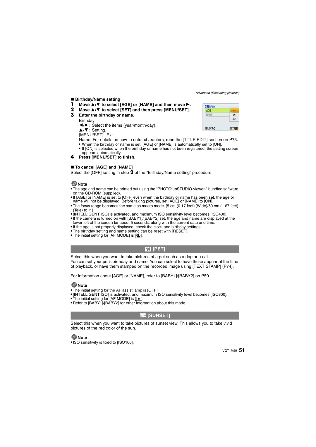 Panasonic DMC-FS20 operating instructions Pet, Sunset, Press MENU/SET to finish To cancel AGE and Name 