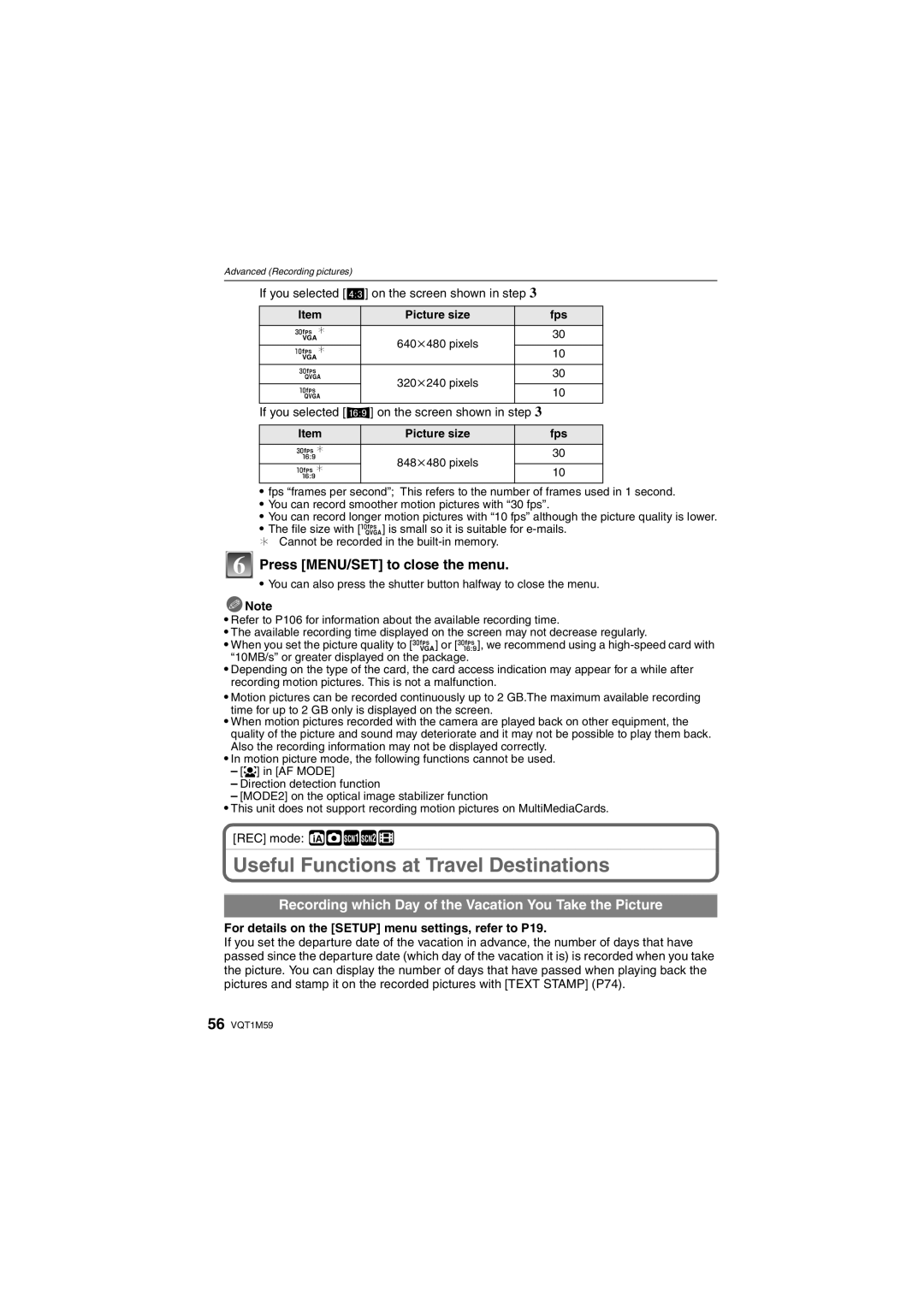 Panasonic DMC-FS20 Useful Functions at Travel Destinations, Recording which Day of the Vacation You Take the Picture 