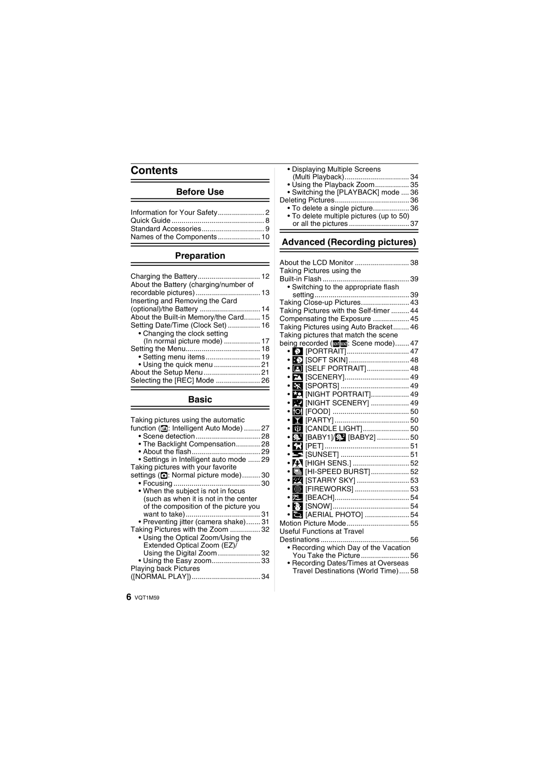 Panasonic DMC-FS20 operating instructions Contents 