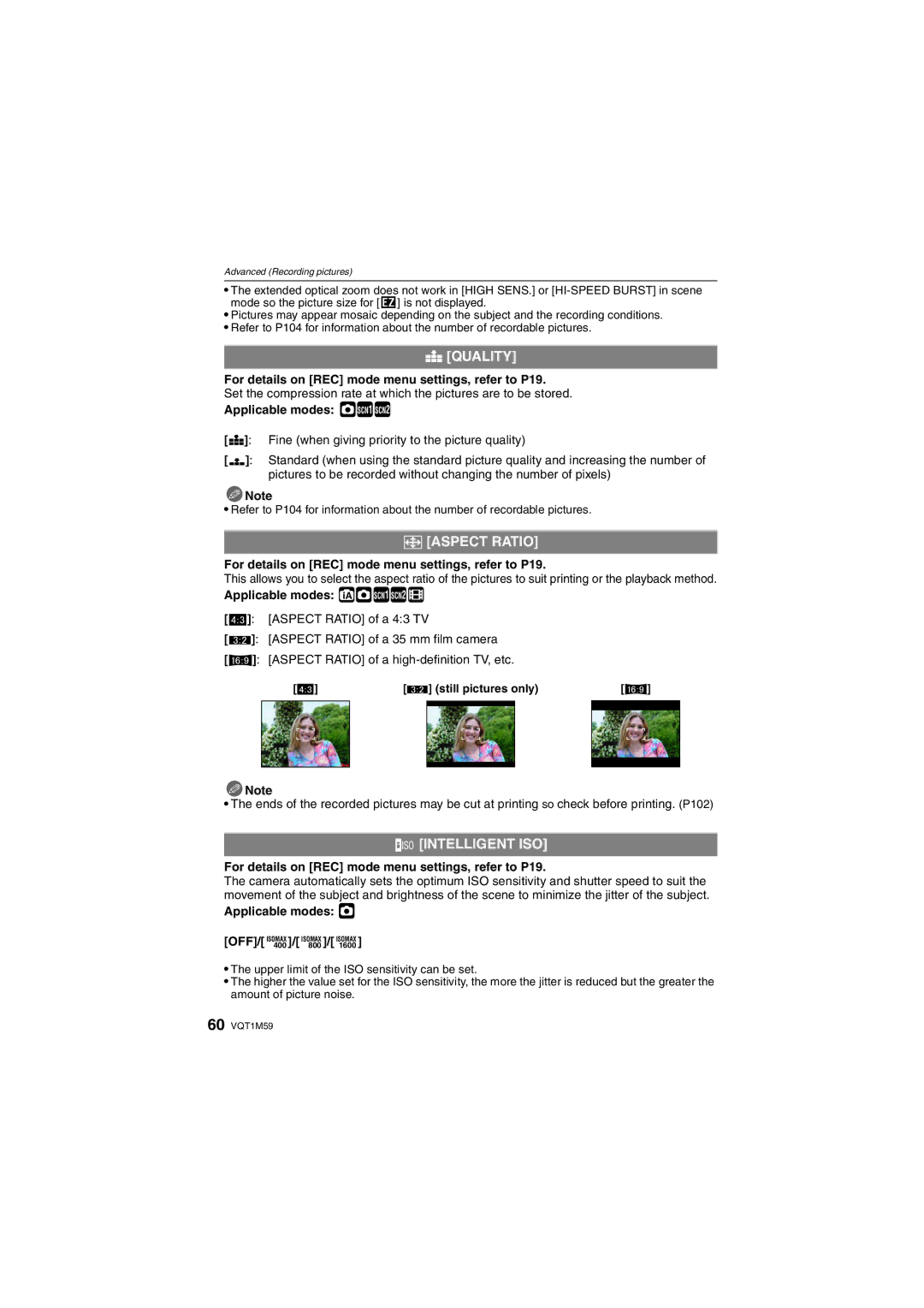 Panasonic DMC-FS20 operating instructions Quality, ? Aspect Ratio, Intelligent ISO 