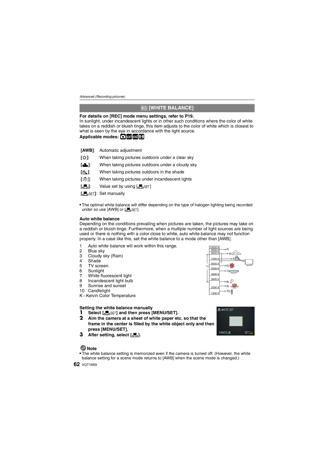 Panasonic DMC-FS20 operating instructions = White Balance, Applicable modes ·½¾n, Auto white balance 