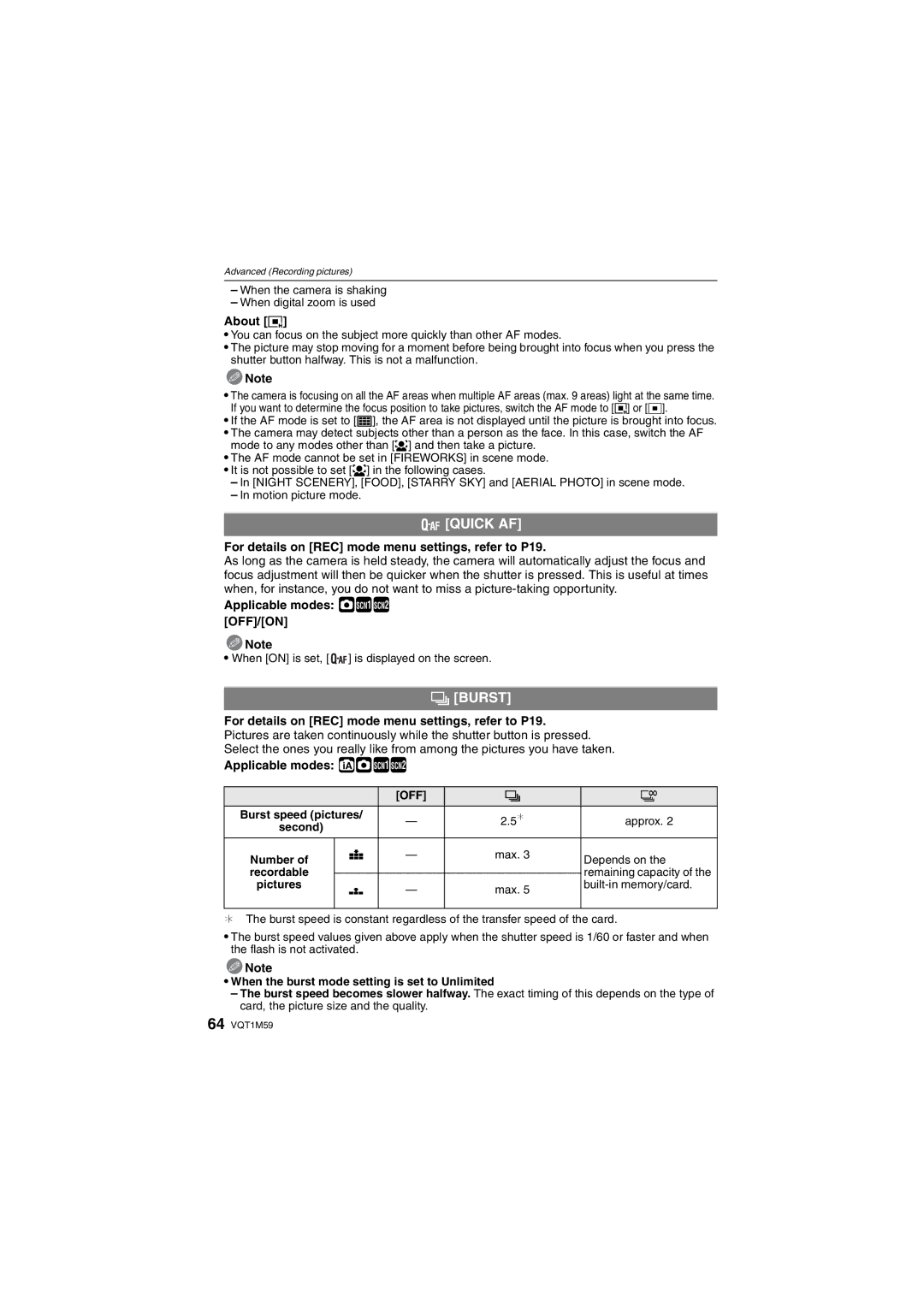 Panasonic DMC-FS20 operating instructions Quick AF, ˜ Burst, About ƒ, Applicable modes ·½¾ OFF/ON 