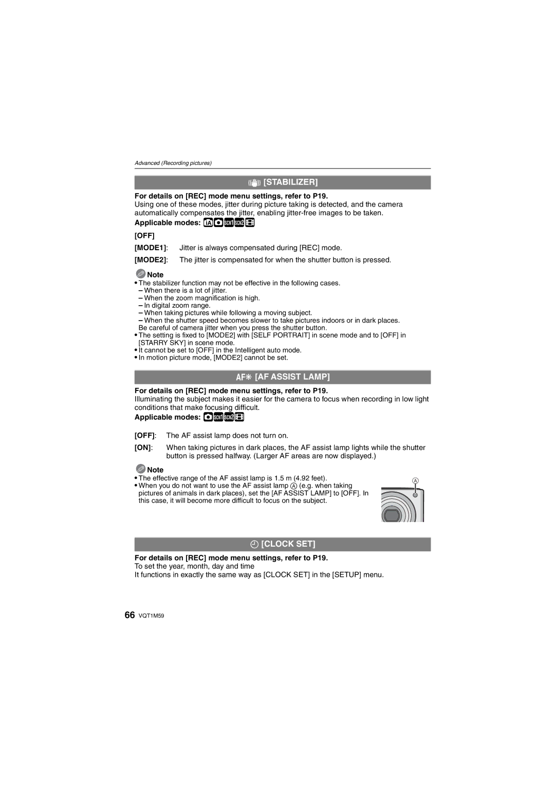 Panasonic DMC-FS20 operating instructions Stabilizer, AF Assist Lamp, Clock SET 