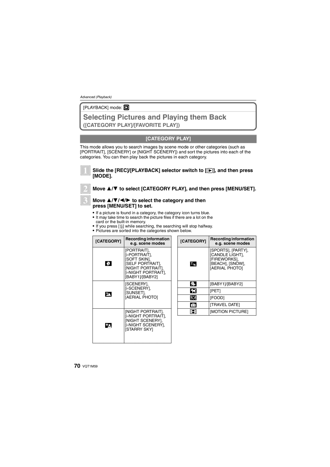 Panasonic DMC-FS20 Selecting Pictures and Playing them Back, Category Play, Recording information, Scene modes 