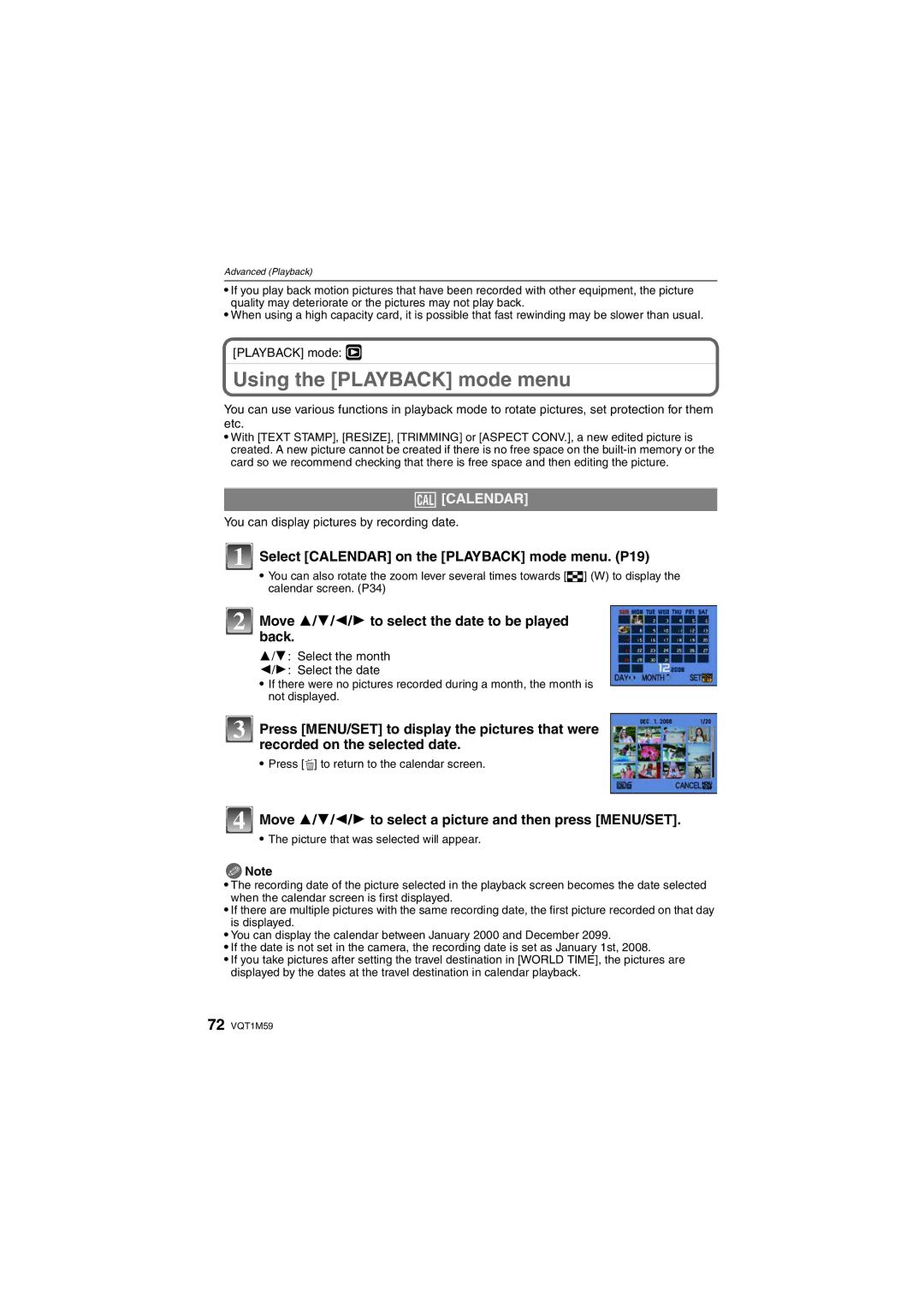 Panasonic DMC-FS20 Using the Playback mode menu, CAL Calendar, Select Calendar on the Playback mode menu. P19 