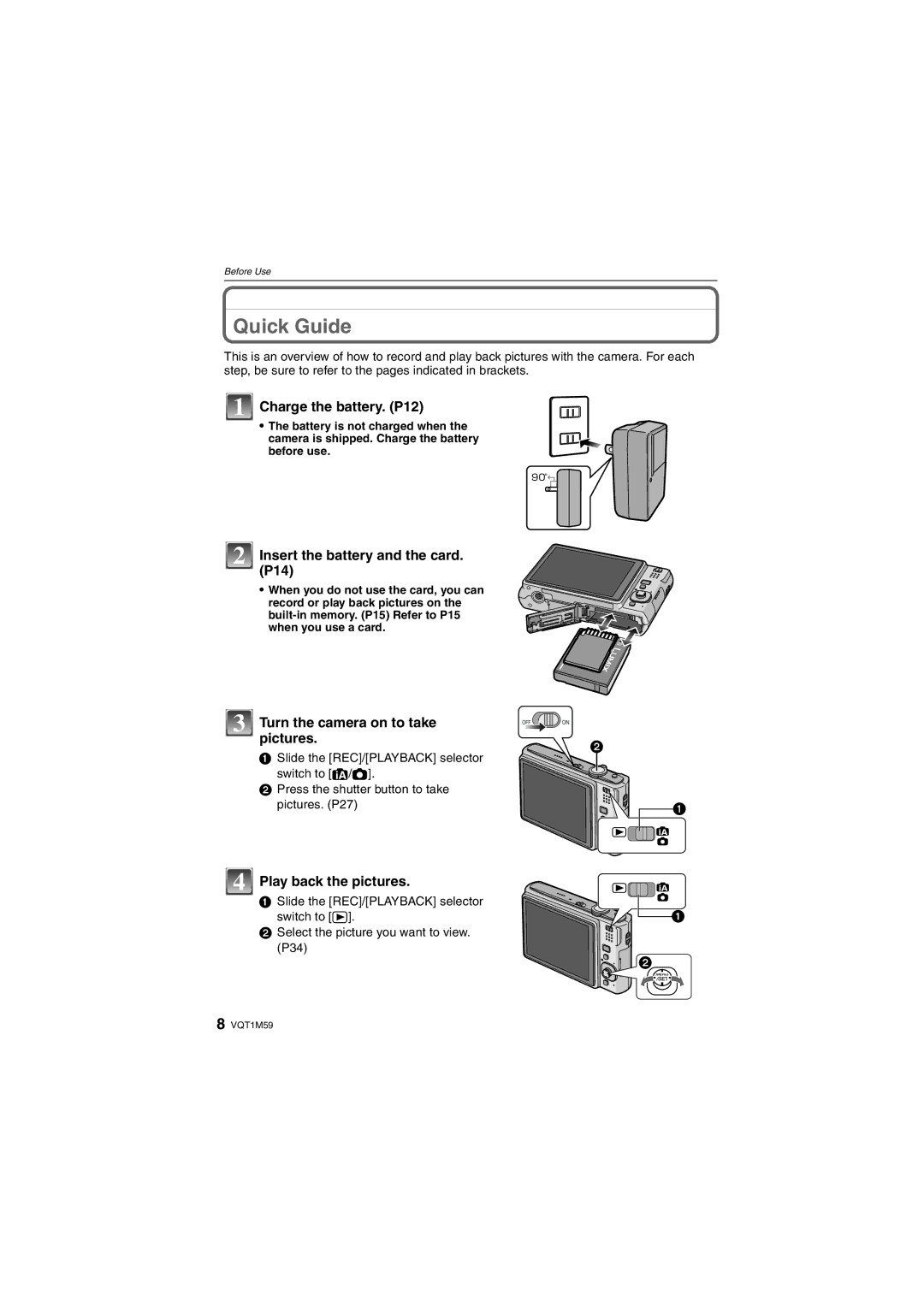 Panasonic DMC-FS20 Quick Guide, Charge the battery. P12, Insert the battery and the card. P14, Play back the pictures 