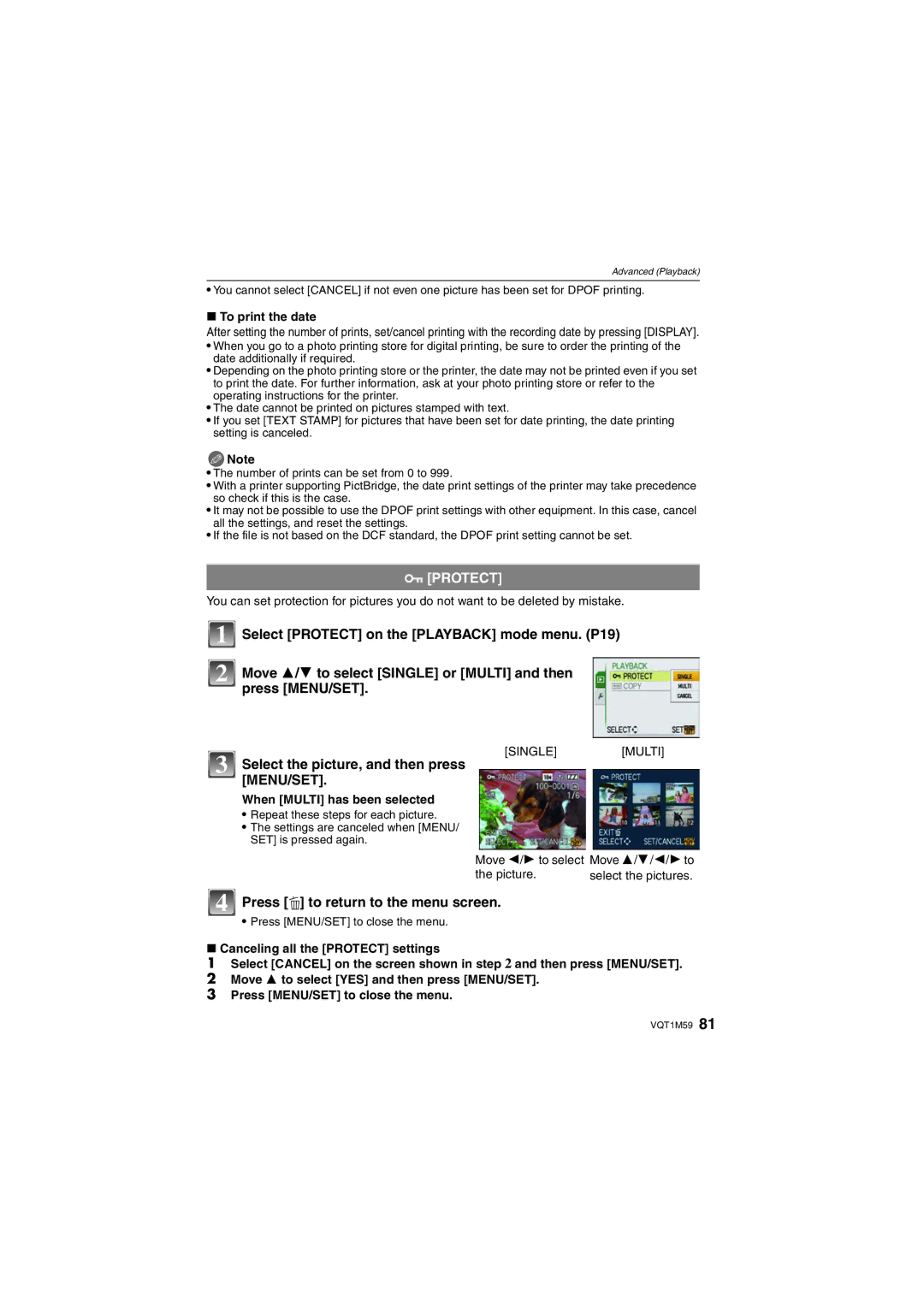 Panasonic DMC-FS20 operating instructions Protect, To print the date, When Multi has been selected 