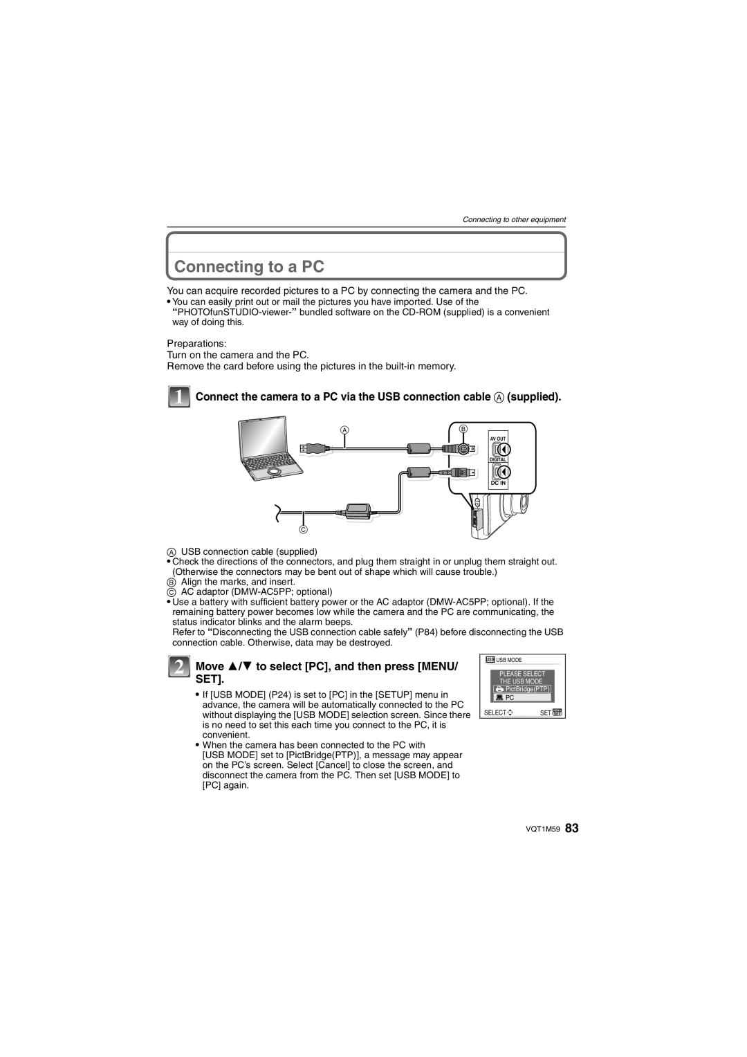 Panasonic DMC-FS20 operating instructions Connecting to a PC, Move 3/4 to select PC, and then press Menu 