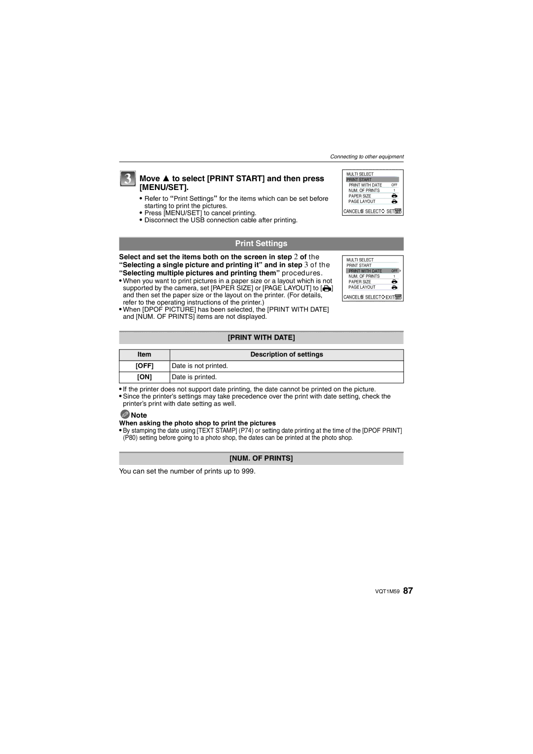 Panasonic DMC-FS20 Print Settings, Select and set the items both on the screen, Print with Date, NUM. of Prints 