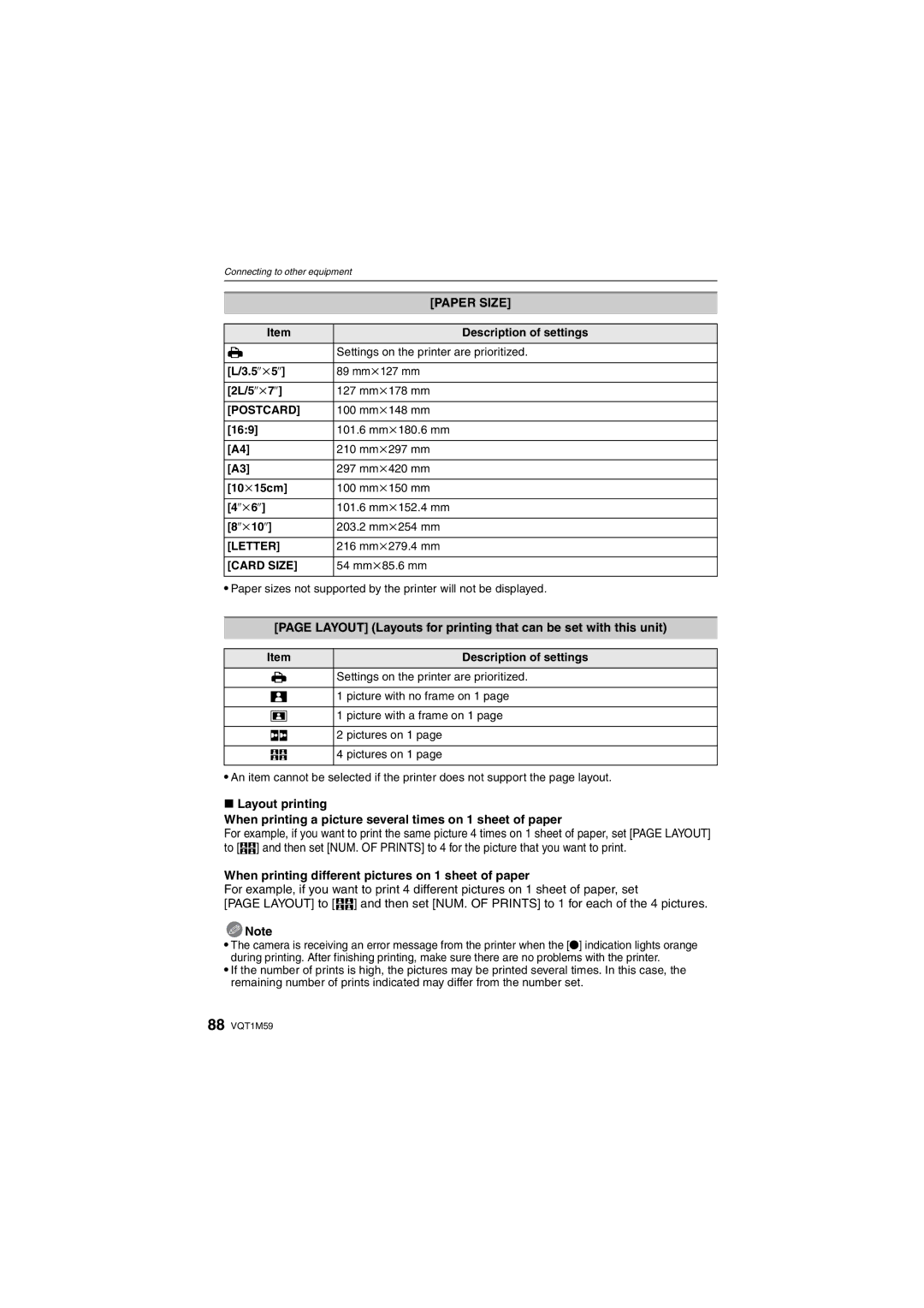 Panasonic DMC-FS20 operating instructions Paper Size, Layout Layouts for printing that can be set with this unit 