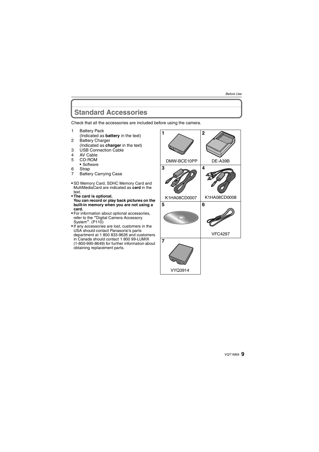 Panasonic DMC-FS20 operating instructions Standard Accessories, Strap Battery Carrying Case, DMW-BCE10PP DE-A39B 