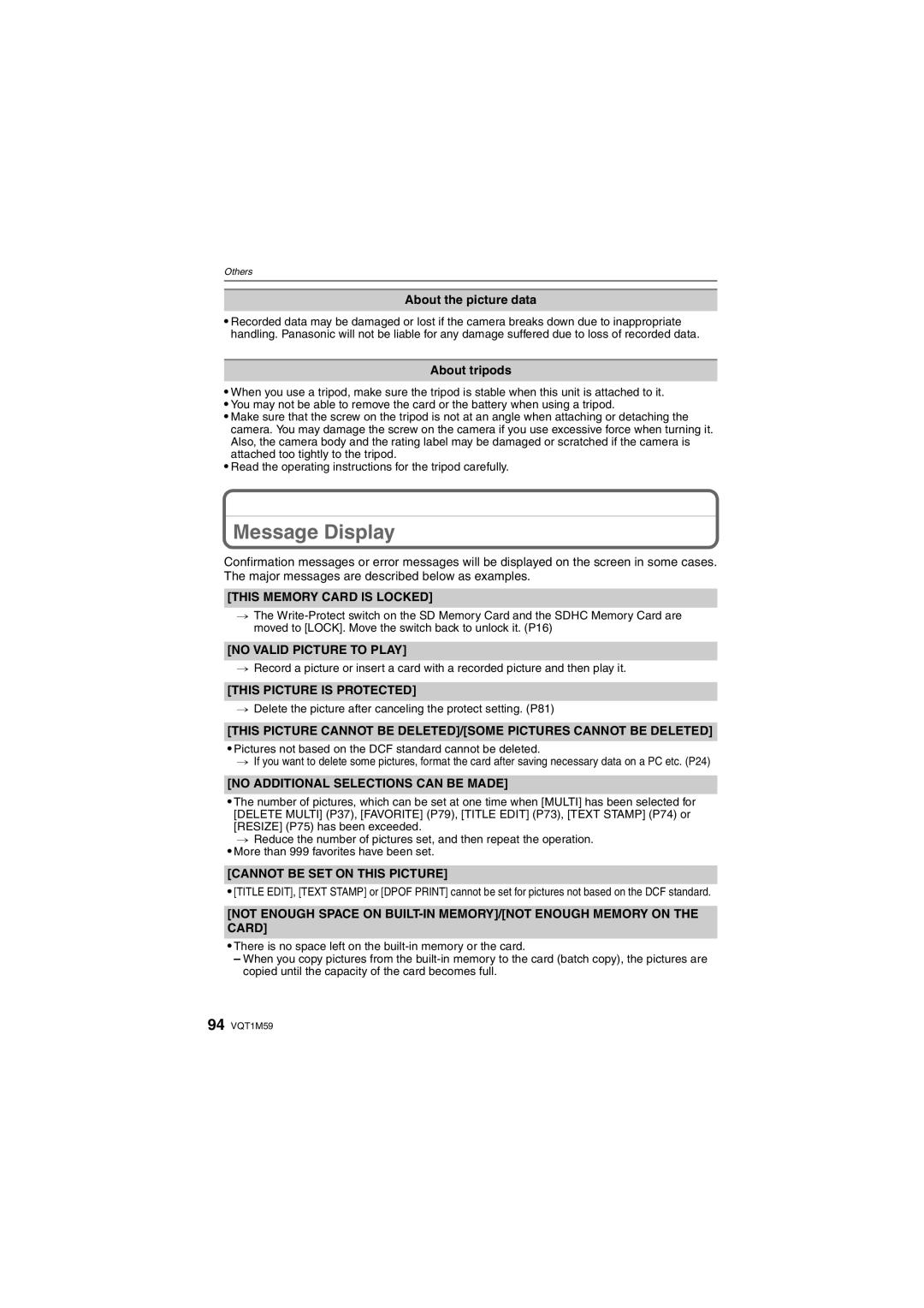 Panasonic DMC-FS20 operating instructions Message Display 