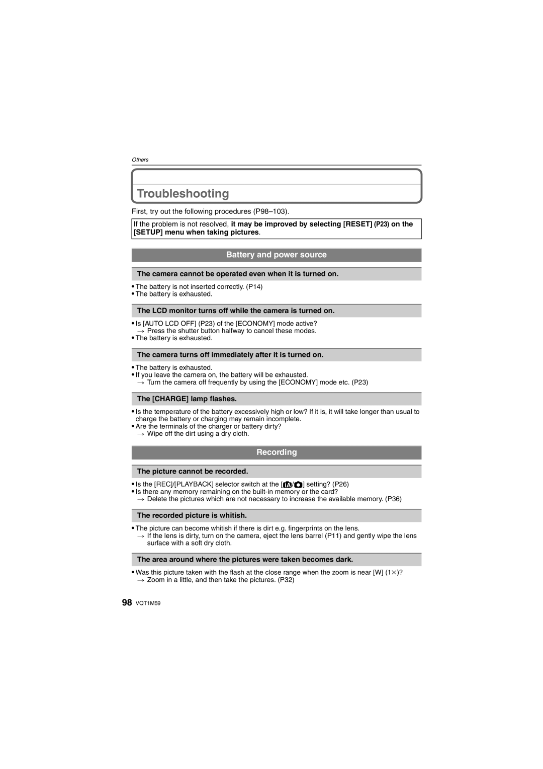 Panasonic DMC-FS20 operating instructions Troubleshooting, Battery and power source, Recording 