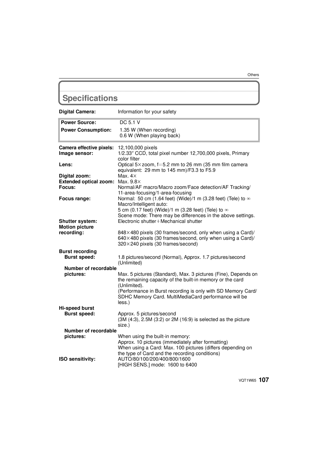 Panasonic DMC-FS25 operating instructions Specifications 