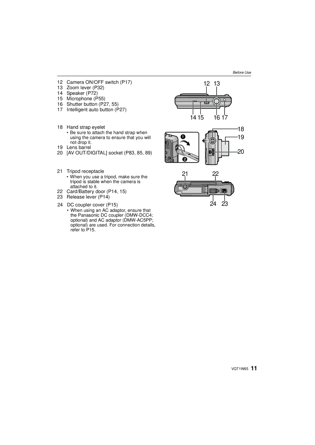 Panasonic DMC-FS25 operating instructions Lens barrel AV OUT/DIGITAL socket P83, 85 Tripod receptacle 