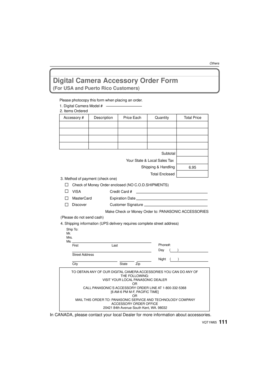 Panasonic DMC-FS25 operating instructions Digital Camera Accessory Order Form, For USA and Puerto Rico Customers 