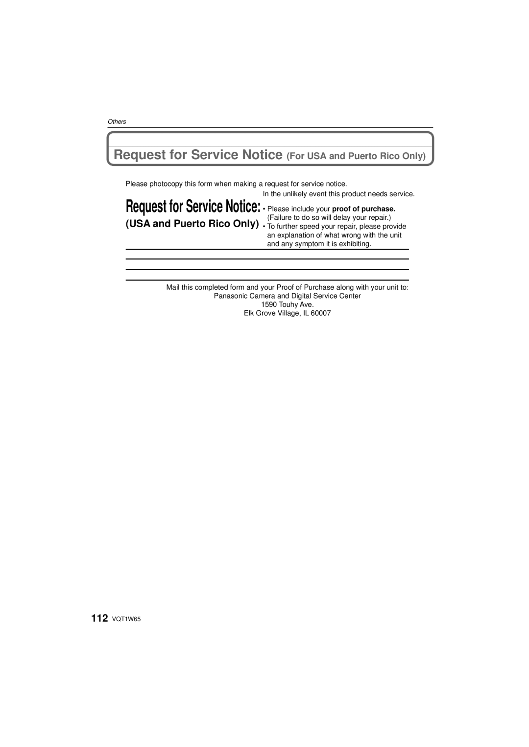 Panasonic DMC-FS25 operating instructions Request for Service Notice For USA and Puerto Rico Only 