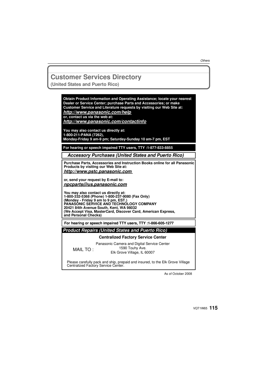 Panasonic DMC-FS25 operating instructions Customer Services Directory, Centralized Factory Service Center 