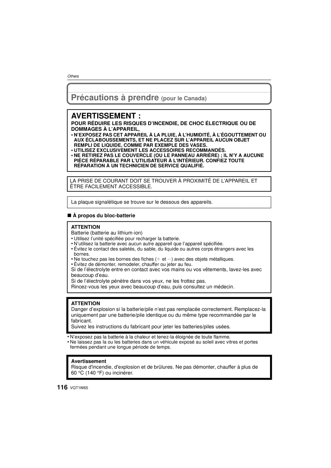 Panasonic DMC-FS25 Précautions à prendre pour le Canada, Propos du bloc-batterie, Batterie batterie au lithium-ion 