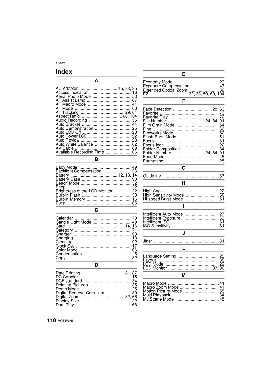 Panasonic DMC-FS25 operating instructions Index, Exposure Compensation Extended Optical Zoom 