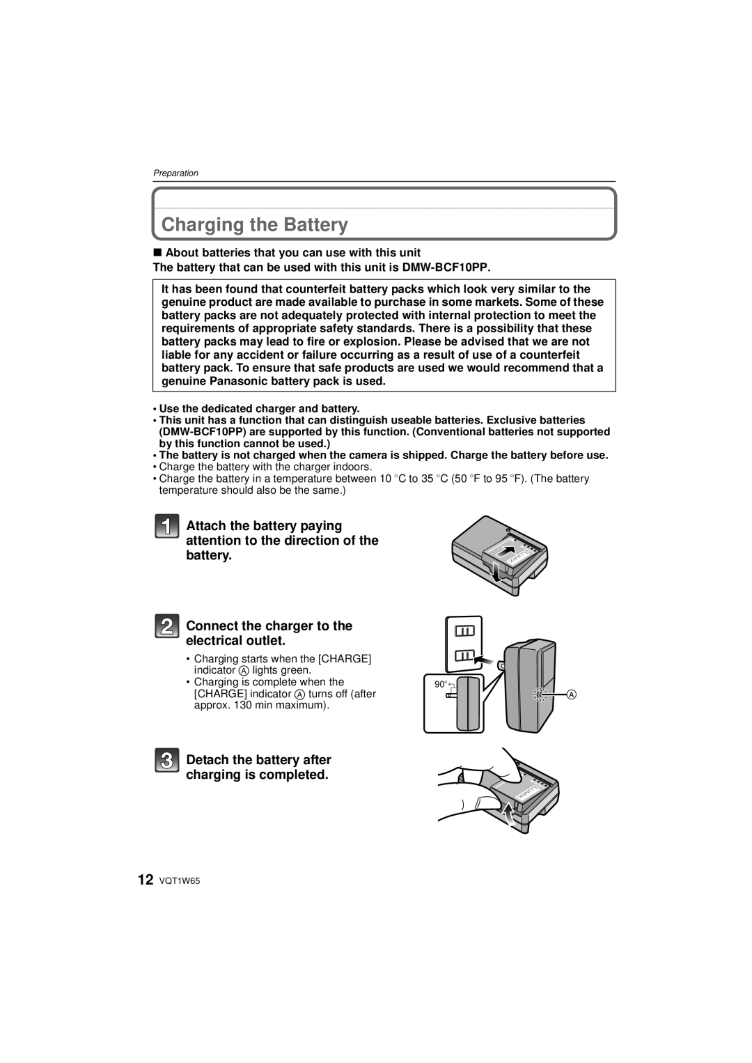 Panasonic DMC-FS25 operating instructions Charging the Battery, Detach the battery after charging is completed 