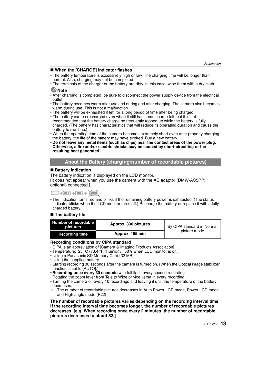 Panasonic DMC-FS25 operating instructions When the Charge indicator flashes, Battery indication, Battery life 