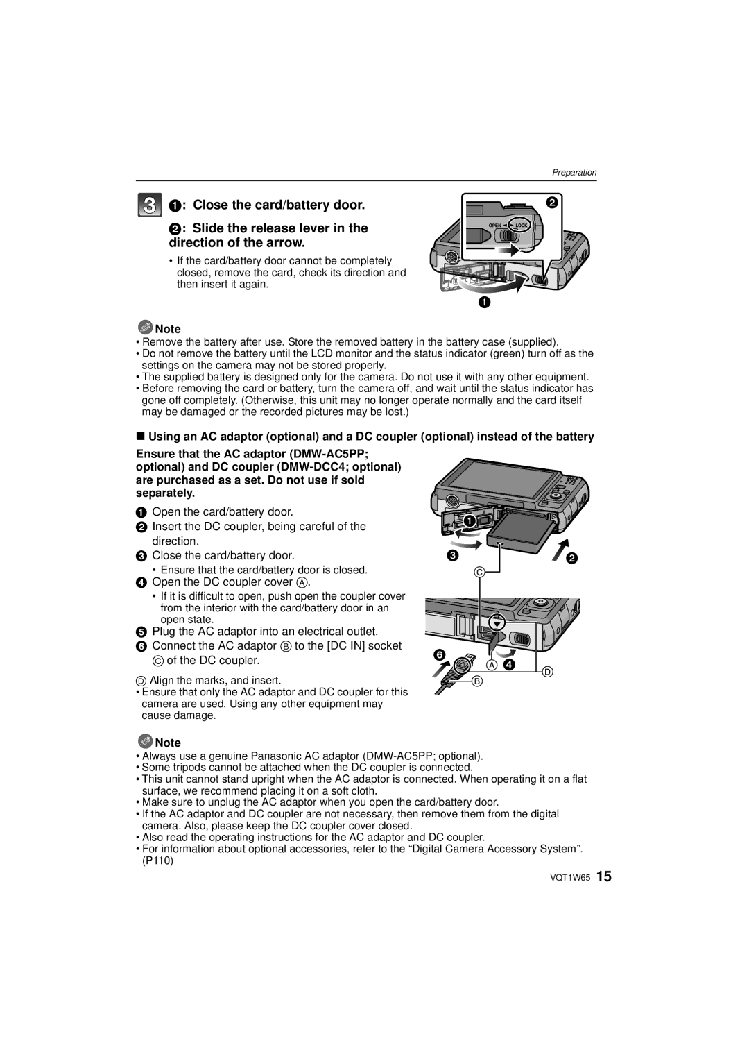 Panasonic DMC-FS25 operating instructions Open the DC coupler cover a, Ensure that the card/battery door is closed 