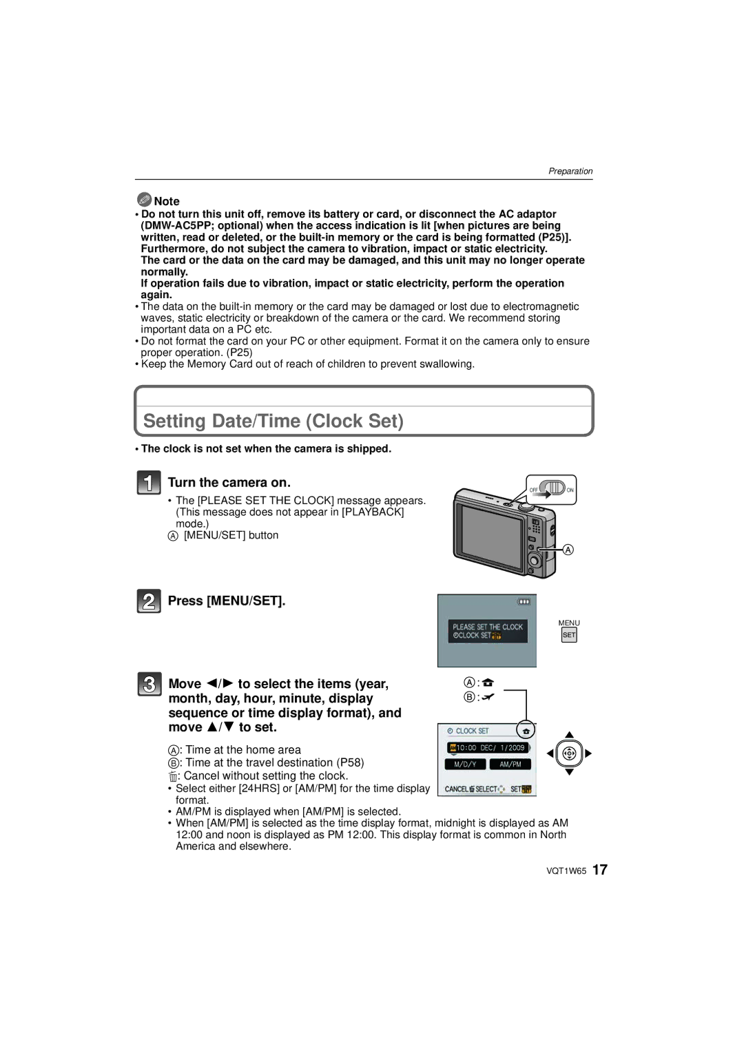 Panasonic DMC-FS25 Setting Date/Time Clock Set, Turn the camera on, Press MENU/SET, Mode MENU/SET button 