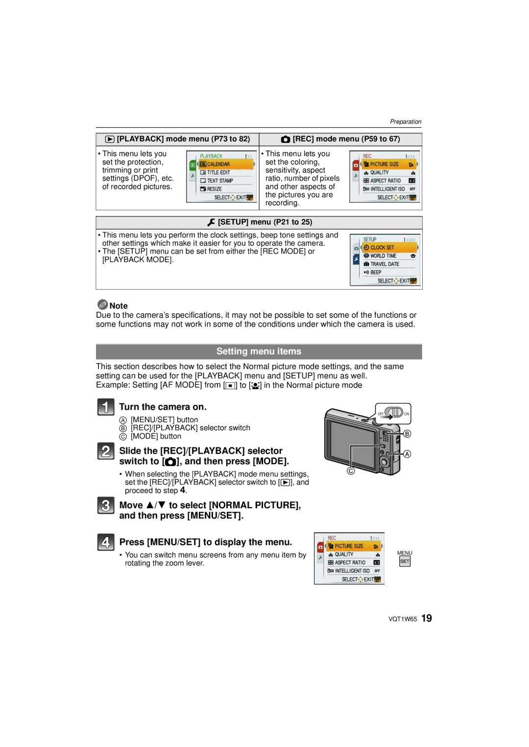 Panasonic DMC-FS25 Setting menu items, Playback mode menu P73 to REC mode menu P59 to, Setup menu P21 to 