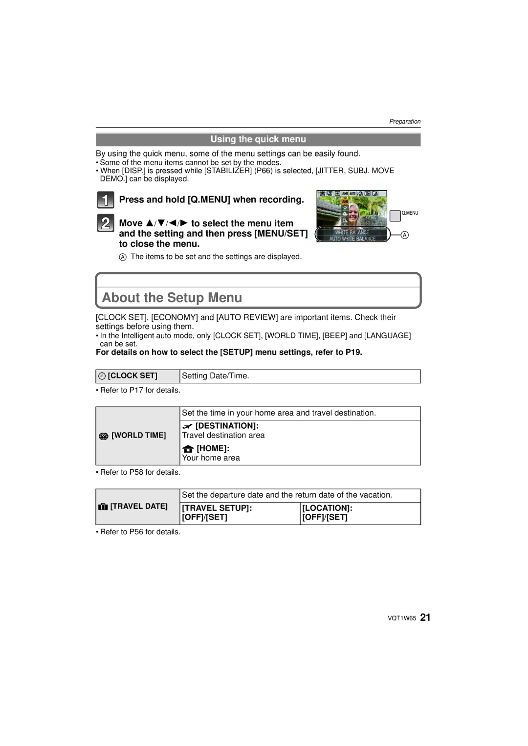 Panasonic DMC-FS25 About the Setup Menu, Using the quick menu, Destination, Travel Setup Location OFF/SET 