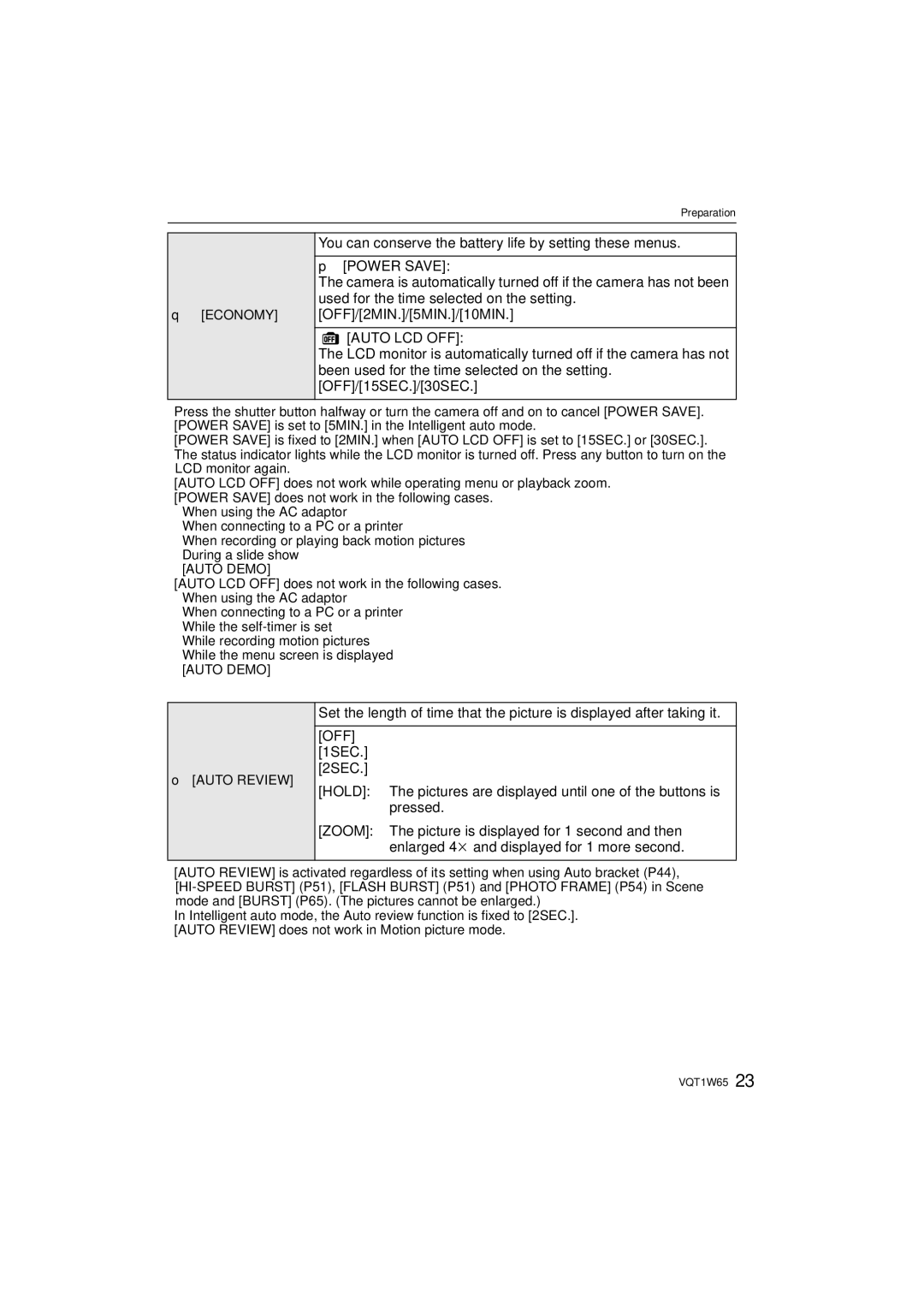 Panasonic DMC-FS25 operating instructions Auto LCD OFF, Off 