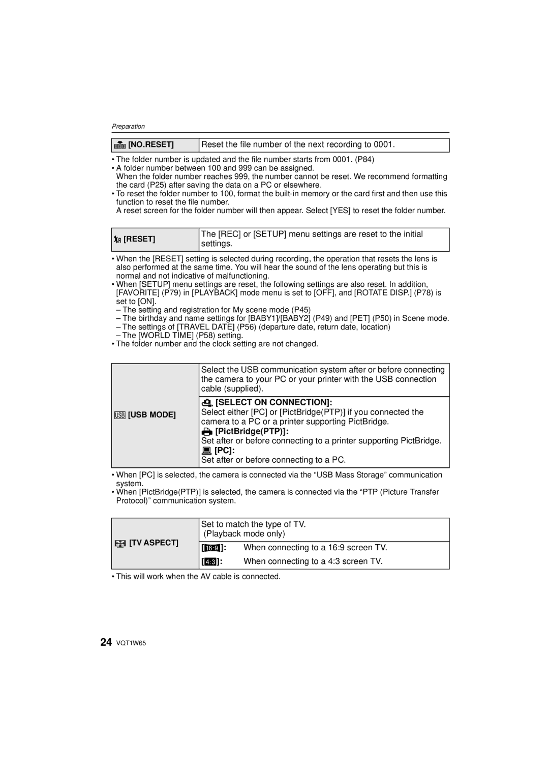 Panasonic DMC-FS25 Reset the file number of the next recording to, Select on Connection, PictBridgePTP 