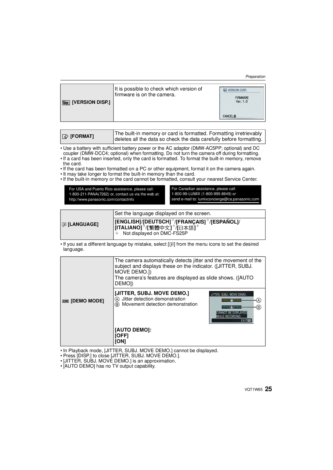 Panasonic DMC-FS25 English/Deutsch¢/Français¢/Español/ Italiano¢/繁體中文¢/¢¢, JITTER, SUBJ. Move Demo, Auto Demo 