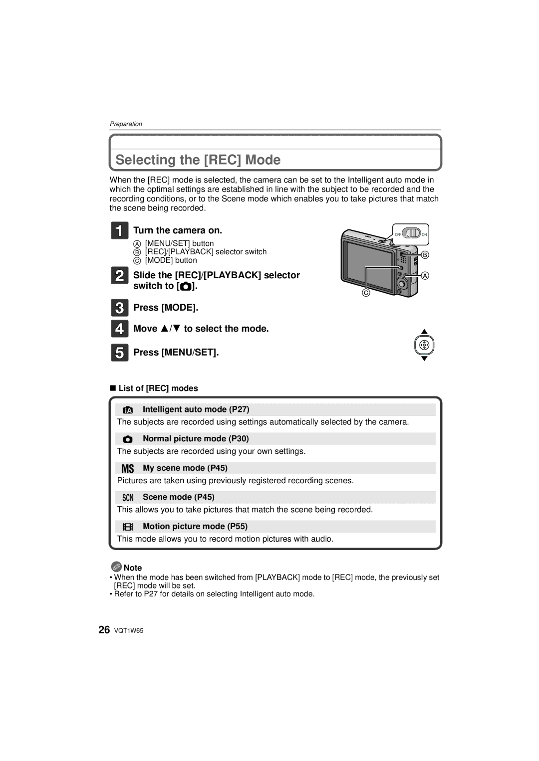 Panasonic DMC-FS25 operating instructions Selecting the REC Mode 