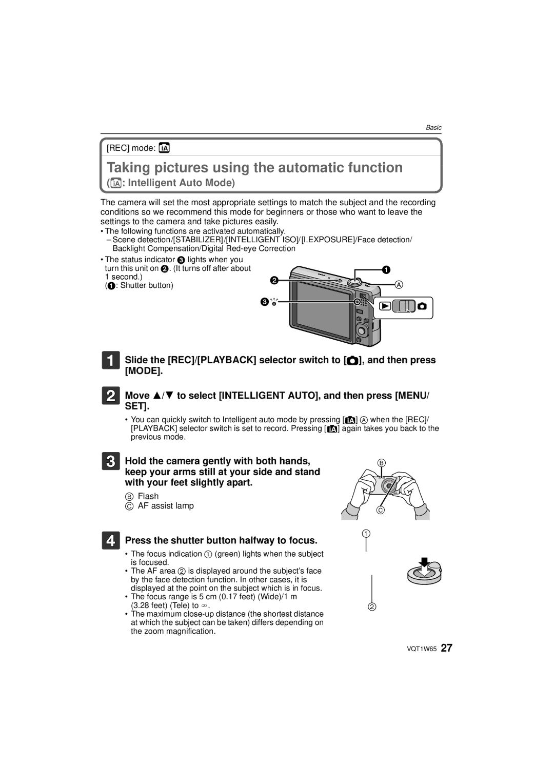 Panasonic DMC-FS25 Taking pictures using the automatic function, Press the shutter button halfway to focus, REC mode ñ 