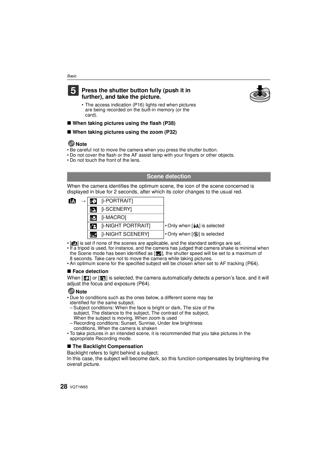 Panasonic DMC-FS25 operating instructions Scene detection, Face detection, Backlight Compensation 