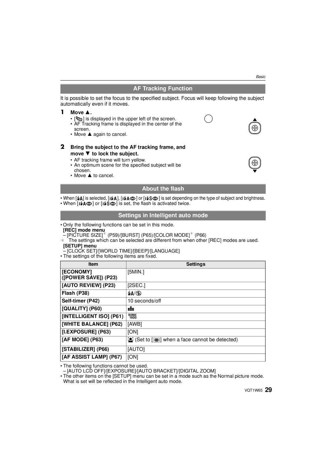 Panasonic DMC-FS25 operating instructions AF Tracking Function, About the flash, Settings in Intelligent auto mode 