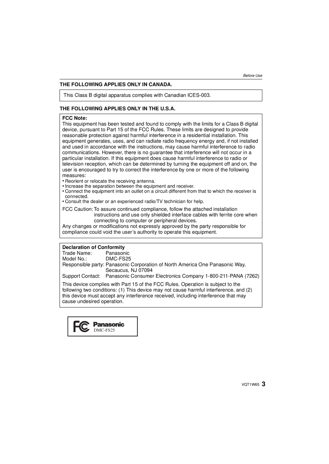 Panasonic DMC-FS25 operating instructions Following Applies only in Canada, Following Applies only in the U.S.A, FCC Note 