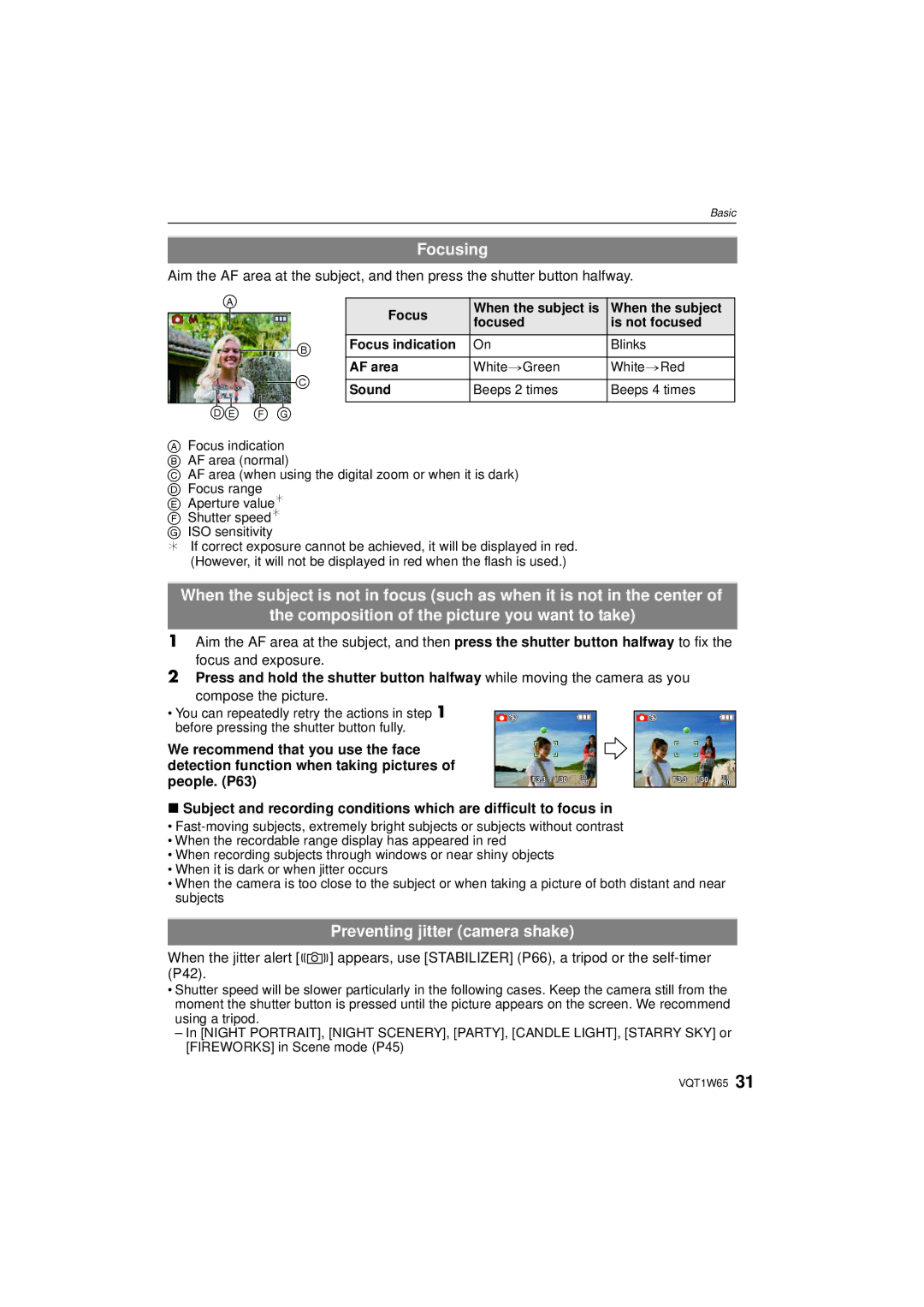 Panasonic DMC-FS25 operating instructions Focusing, Preventing jitter camera shake, Compose the picture 